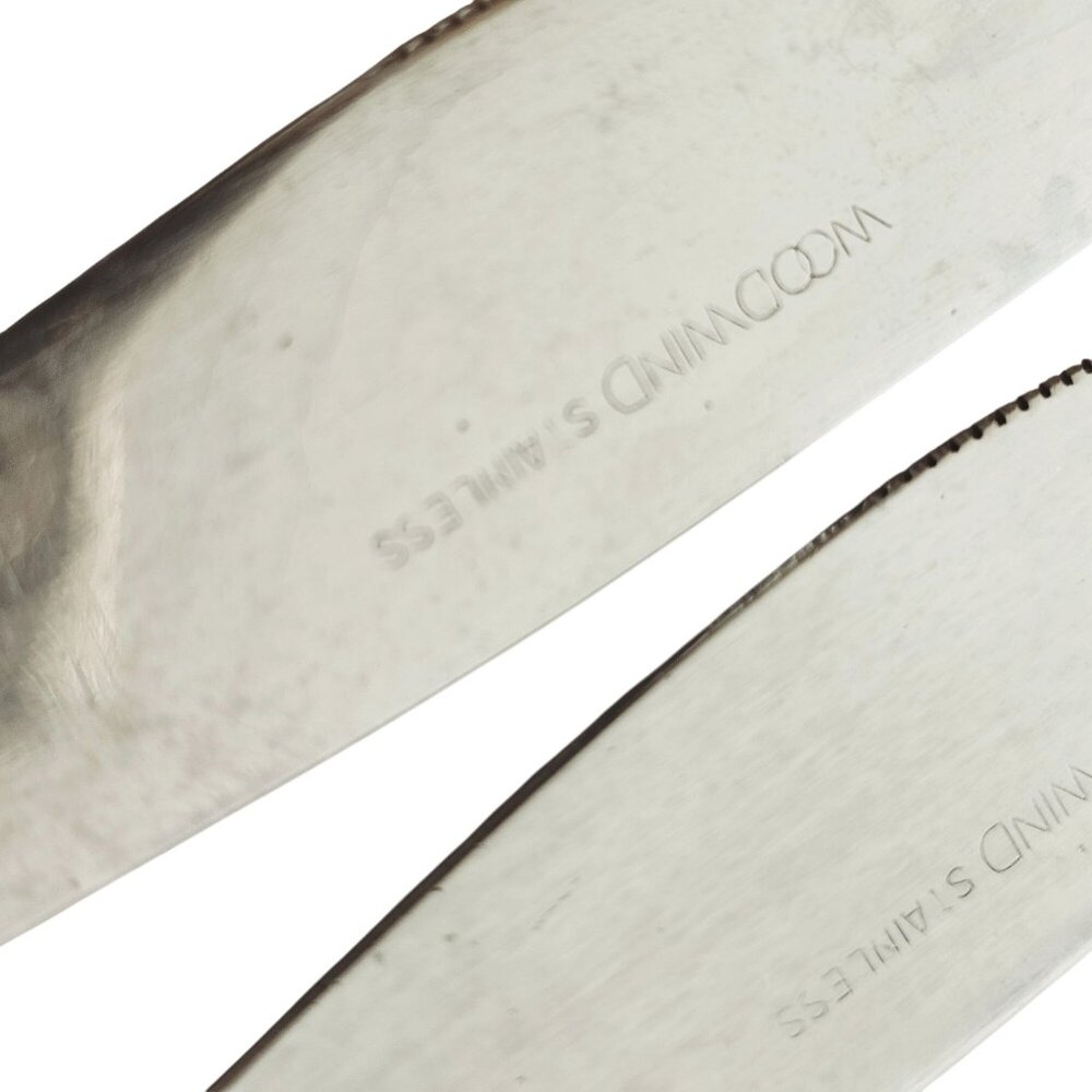 4 Woodwind Dinner Knife 8" wood-like handle vtg midcentury boho minimalist mixed - Picture 4 of 9